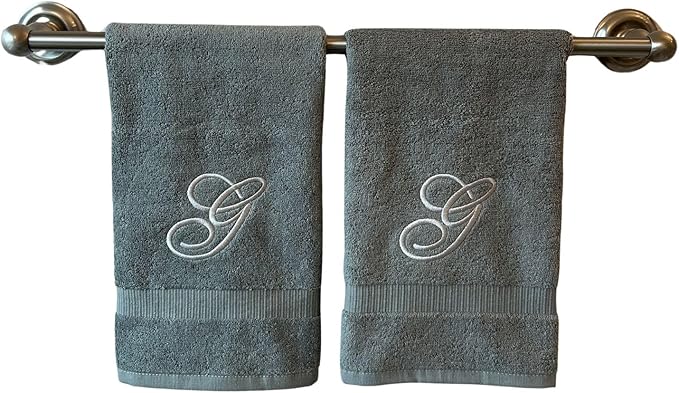 Gray Monogrammed Hand Towels for Bathroom - Luxury Hotel Quality Personalized Initial Embroidered Towel for Powder Room, Spa - GOTS Organic Certified - Set of 2 Silver Letter G