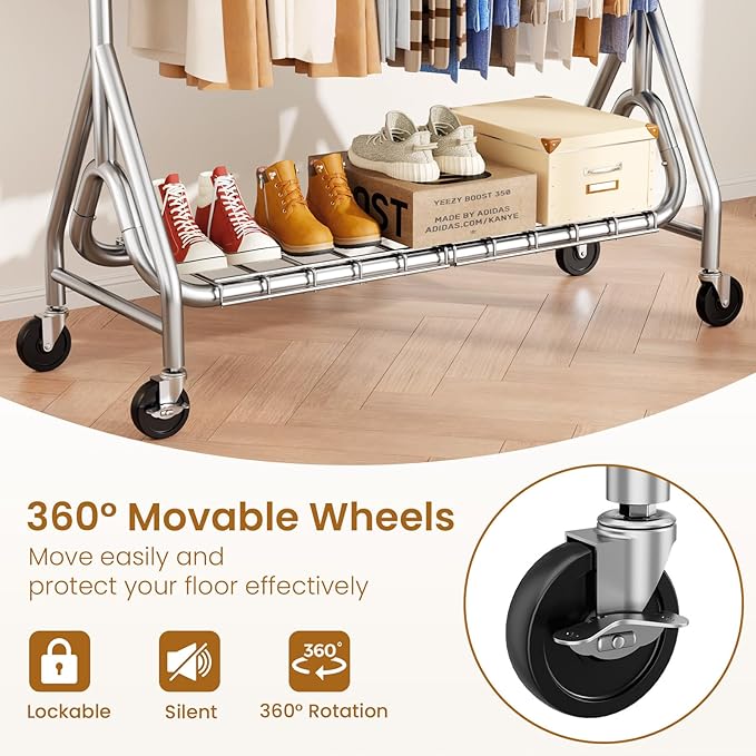 Heavy Duty Clothes Rack for Hanging Clothes, Double Rods Clothing Rack with Lockable Wheels, Rolling Metal Garment Racks Heavy Duty, Portable Wardrobe Closet Racks, Silver