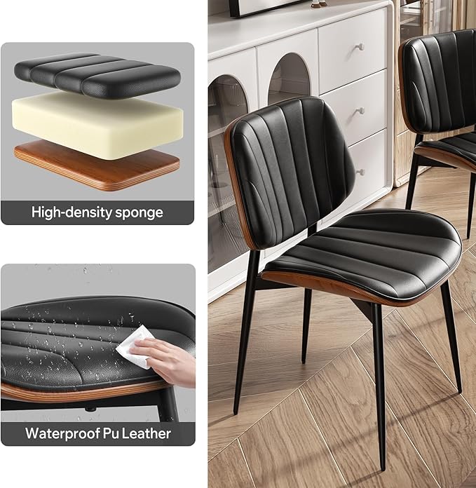 Dining Chairs Set of 6, Mid Century Modern Dining Room Chairs, Upholstered Faux Leather Kitchen Chair with Walnut Bentwood Back and Metal Legs for Kitchen Living Room, Black