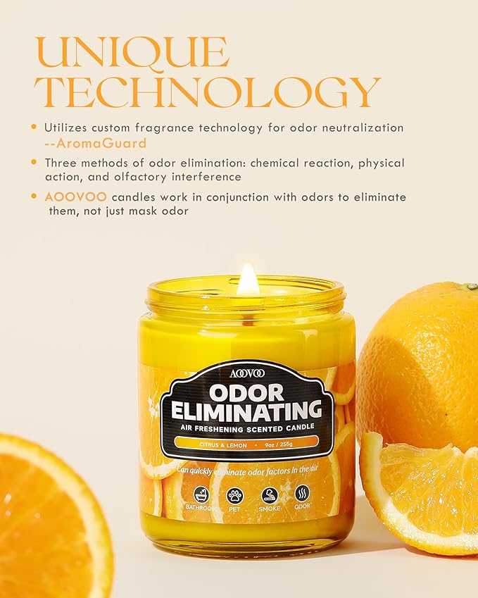 AOOVOO Citrus Lemon Odor Eliminating Highly Fragranced Candle - Eliminates 95% of Pet, Smoke, Food, and Other Smells Quickly, Air Freshing Soy Candle, 9 oz Up to 50 Hours Burn time