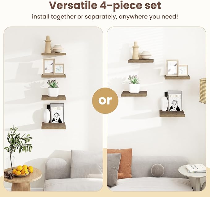 Fun Memories Square Floating Shelves for Wall - 9.3 Inch Deep Floating Shelves with Invisible Brackets, Grey Small Wall Shelf for Living Room, Bathroom, Bedroom, and Kitchen Decor，Set of 4