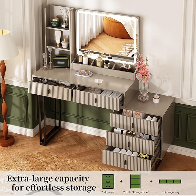 Large Vanity Desk with 3 Color Touch Screen Dimming Mirror, Vanity Desk with Charging Station, Modern Retractable Makeup Dressing Table, Makeup Table With storage shelves and 5 Sliding Drawers, Grey