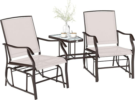 Outsunny Outdoor Glider Chairs with Coffee Table, Patio 2-Seat Rocking Chair Swing Loveseat with Breathable Sling for Backyard, Garden, and Porch, Beige