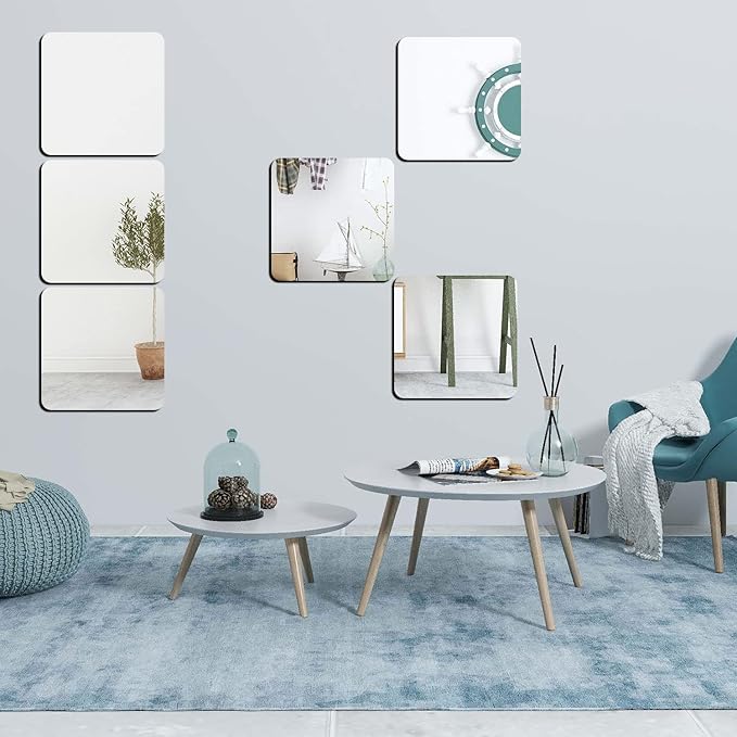 DARENYI 6Pcs Acrylic Mirror Tiles, 8'' x 8'' x 0.07'' Mirror Sheets for Walls Decor, Self-Adhesive Mirror Stickers, Square Mirror Trays Plates for Tables Centerpieces Wedding