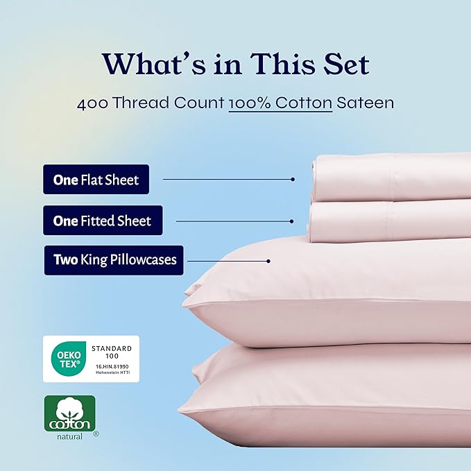 California Design Den King Size Sheets Set - 400 Thread Count Sateen, Natural 100% Cotton Sheets with Deep Pockets, Breathable and Durable Bedding Set - Pink