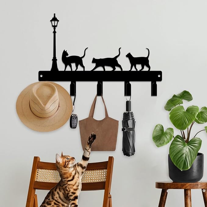 magilab Cat-Themed 10-Inch Iron Key Hooks with 5 Hooks, Black Wall Organizer - Cute Cat Design for Home Decor, No Drill & Screw-in Options (Style G)