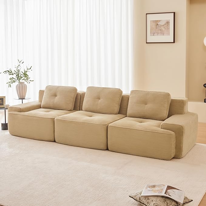 115" Modern Corduroy Cloud Sofa, Boneless Modular Large Sectional Couches for Living Room, Camel 3 Seater Compressed Memory Foam Couch, Extra Deep Seat, No Assembly