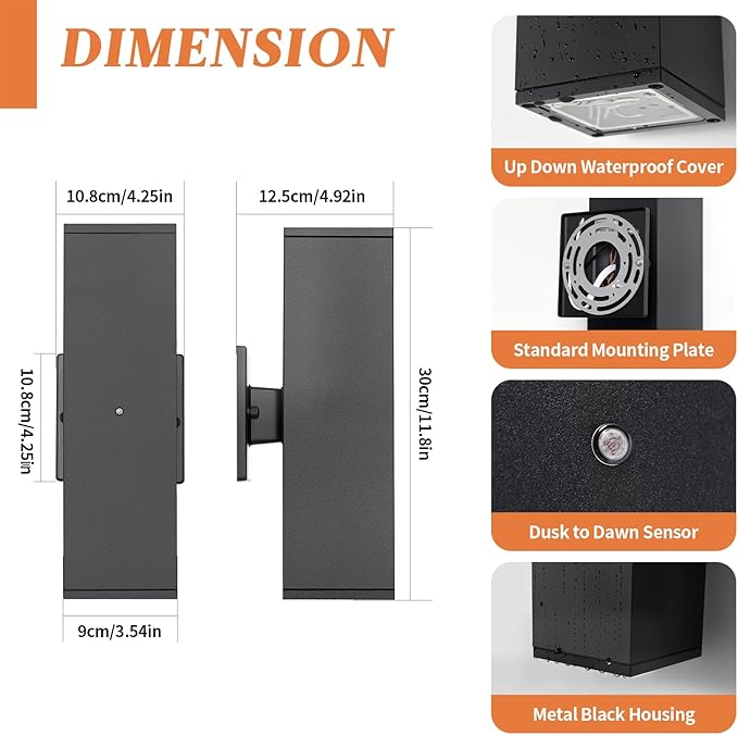 Dusk to Dawn Outdoor Lighting, LED Square Up and Down Outdoor Sconce Lights, Matte Black Exterior Lighting Fixtures with 7W LED Bulbs, Front Porch Lights for House, Garage, Patio, Doorway, 1 Pack