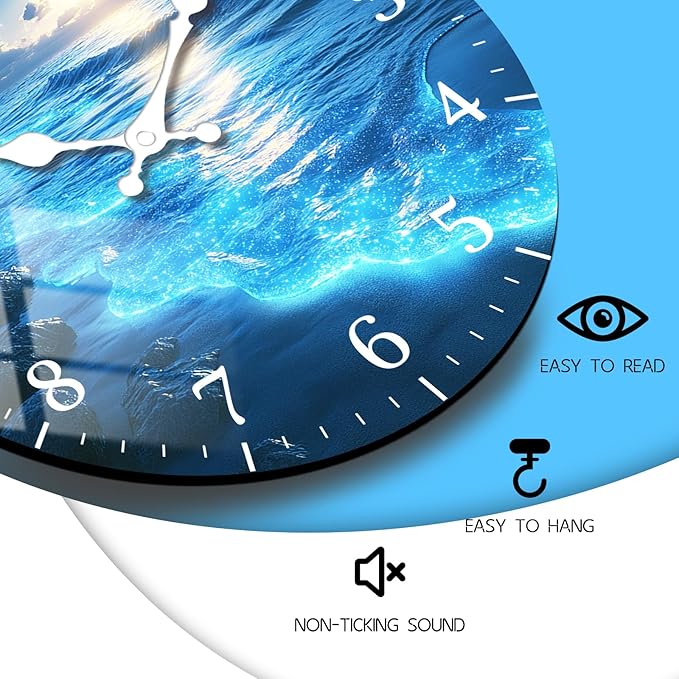 Oversized Blue Tears Wall-Clock 24 inch Coast Beach Silent Clocks Battery Operated Wooden Round Wall Clock for Kitchen, Office, Living Room Wall Decor