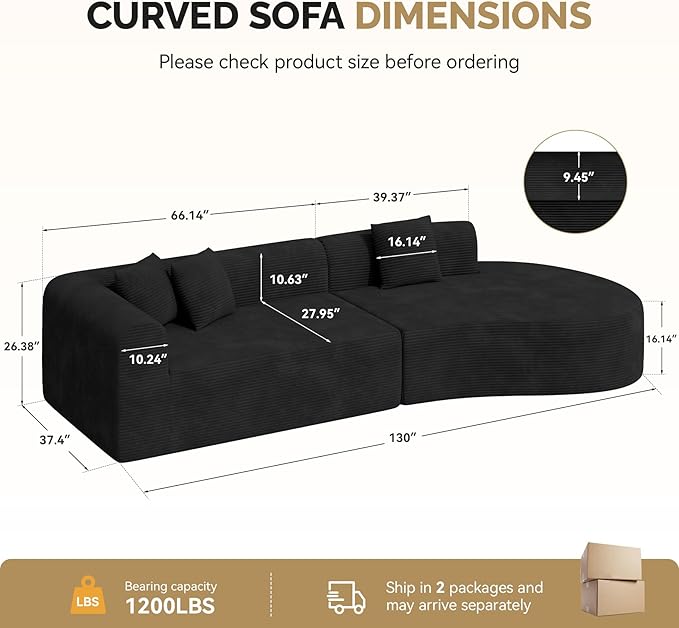 128" Oversized Modern Curved Sofa,Boneless Cloud Sectional Couch with Deep Seat,No Assembly Required Corduroy Couches for Living Room,Black,1 PCS