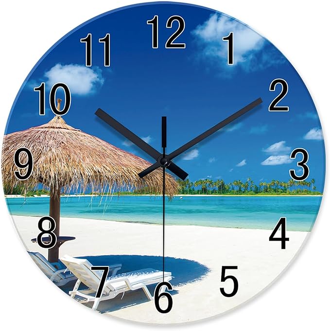 XFM Beach Wall Clock Battery Operated 16 Inch Blue Ocean Glass Wall Clocks Silent Non Ticking Tropical Summer Coastal Clock for Bedroom Living Room Office