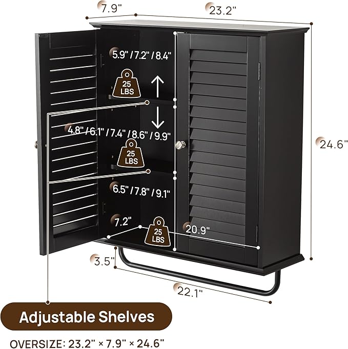 Bathroom Storage Cabinet with Adjustable Wood Shelves & Doors, Made of PDF Wood, Medicine Cabinet, Over The Toilet Storage Cabinet for Kitchen & Laundry Room Medicine Cabinet Black