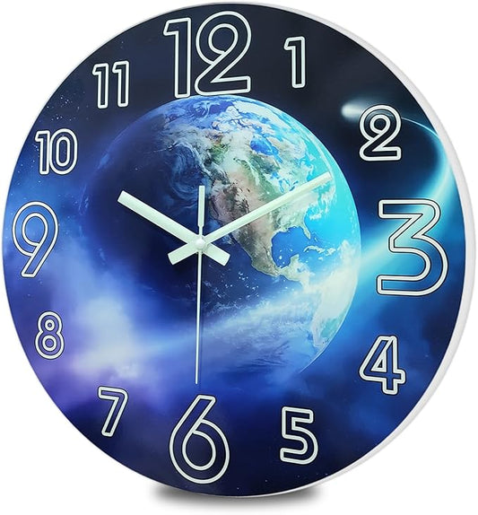 Blue Glow in The Dark Clocks for Living Room 14 Inch Battery Operated Wall Clock Non Ticking Decorative Wall Clock for Teenager