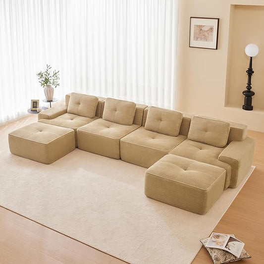150" Modern Corduroy Cloud Sofa with Ottoman, U Shaped Boneless Modular Large Sectional Couches for Living Room, Camel 4 Seater Compressed Memory Foam Couch, Extra Deep Seat, No Assembly
