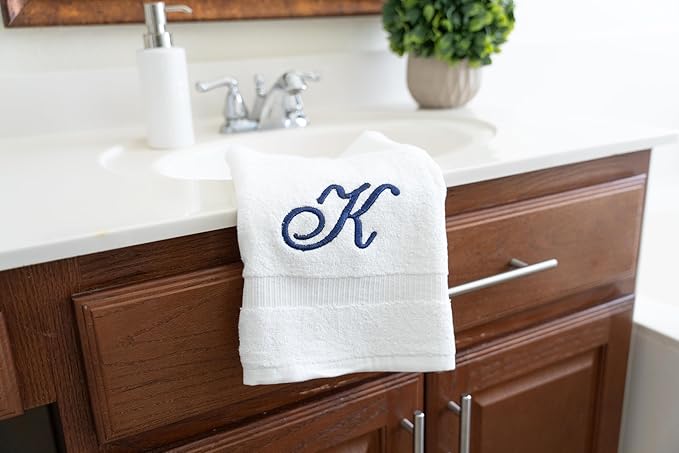 White Monogrammed Hand Towels for Bathroom - Luxury Hotel Quality Personalized Initial Embroidered Towel for Powder Room, Spa - GOTS Organic Certified - Set of 2 Navy Letter K