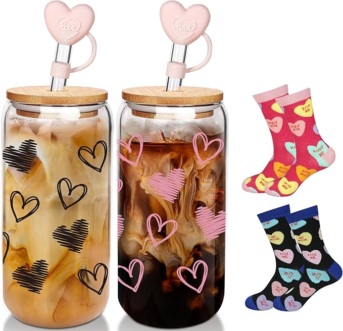 Valentine Glass Cups with Socks, Valentine Gifts For Him/Her, 18 OZ Hearts Glass Cups Gifts,Warm Socks for Women Men, Couple Iced Coffee Cups,Glass Cups with Lids and Straws - 2 Sets