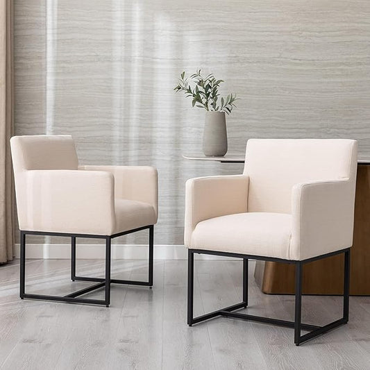Linen Upholstered Dining Chairs with Arms Set of 2 Mid Century Modern Accent Chairs Armchairs with Black Metal Frame, Modern Kitchen & Dining Room Chairs, Cream