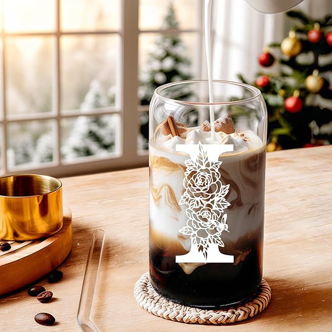 Christmas Gifts for Women: Initial Glass Cup as Office Graduation Memorial Holiday Personalized Gifts - for Mom Grandma Wife Girlfriend Sister Daughter Friend Christmas Gifts - I Aesthetic Cup