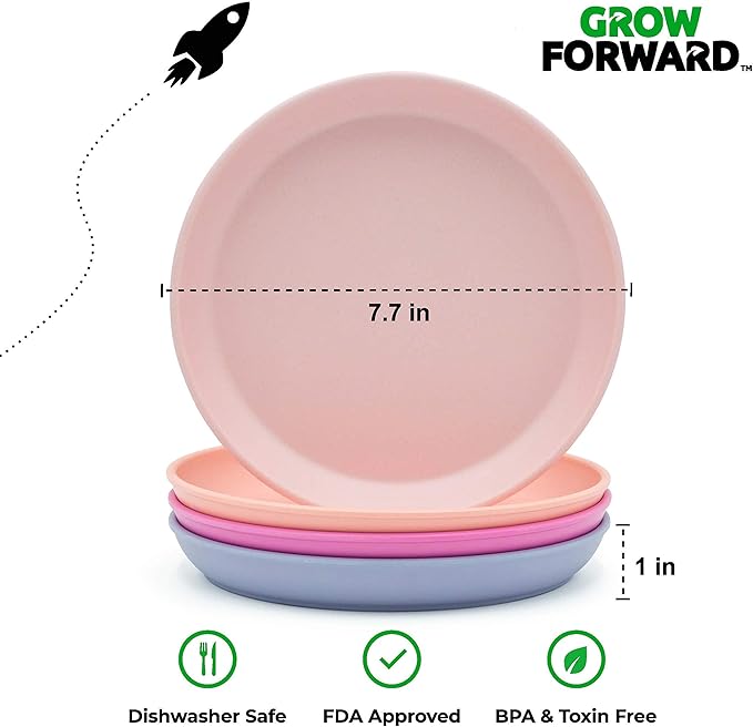 Grow Forward Bamboo Kids Plates and Bowls Sets - 8-Piece Dishwasher Safe Non Toxic Plates for Kids - Reusable Eco Friendly BPA Free Dishes Dinnerware Sets for Children - Floral