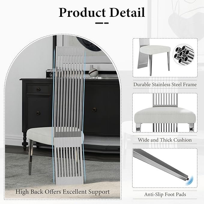 Luxury Dining Chair Set of 8, Polished Silver High Back Kitchen Chairs, Modern Simple Dining Chairs with Upholstered Padded Seat and Sturdy Metal Mirrored Legs for Dining Room,Kitchen