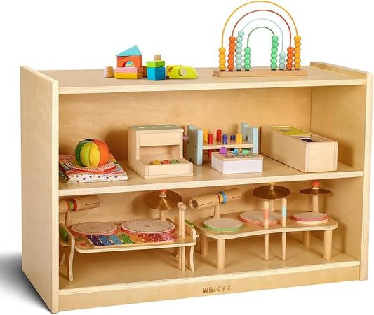 wingyz Wooden Storage Cabinet, 2-Tier Kids Toy Storage Organizer, Spacious Montessori Kids Bookshelf, Toy Shelf Storage Organizer for Playroom Classroom Nursery Study Room Living Room
