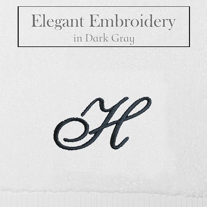 White Monogrammed Hand Towels for Bathroom - Luxury Hotel Quality Personalized Initial Embroidered Towel for Powder Room, Spa - GOTS Organic Certified - Set of 2 Dark Gray Letter H