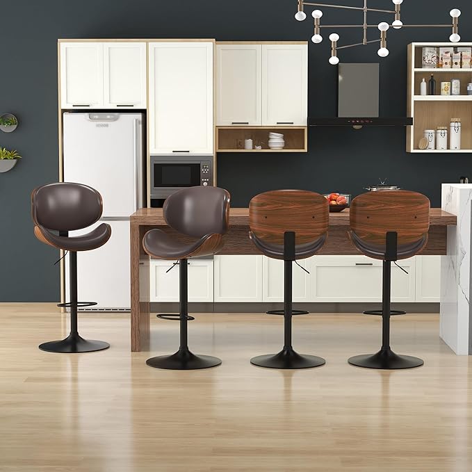 KCC Bar Stools Set of 2, Swivel Adjustable Height Barstools, PU Leather Upholstered Bar Chairs with Footrest, Bentwood Bar Stool for Kitchen, Bar, Dining Room(Brown PU)