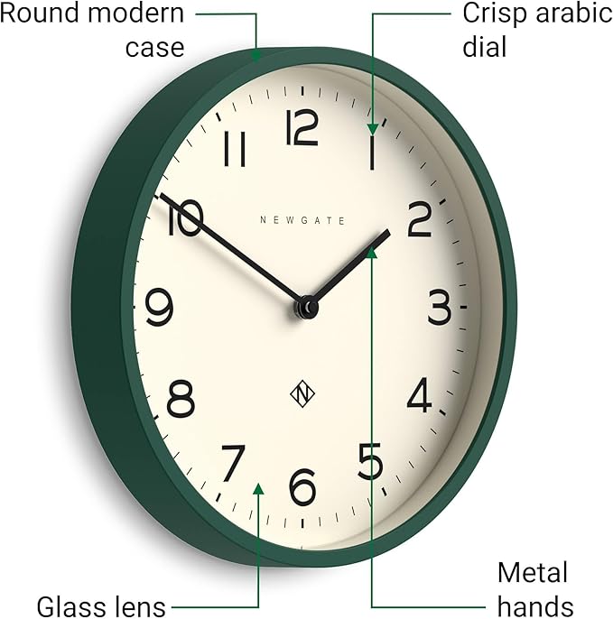 NEWGATE® Number Four Echo Wall Clock | Modern Round Clock | 30cm | Eden Green | Easy to Read Numbers | Ideal for Kitchen, Living Room or Office