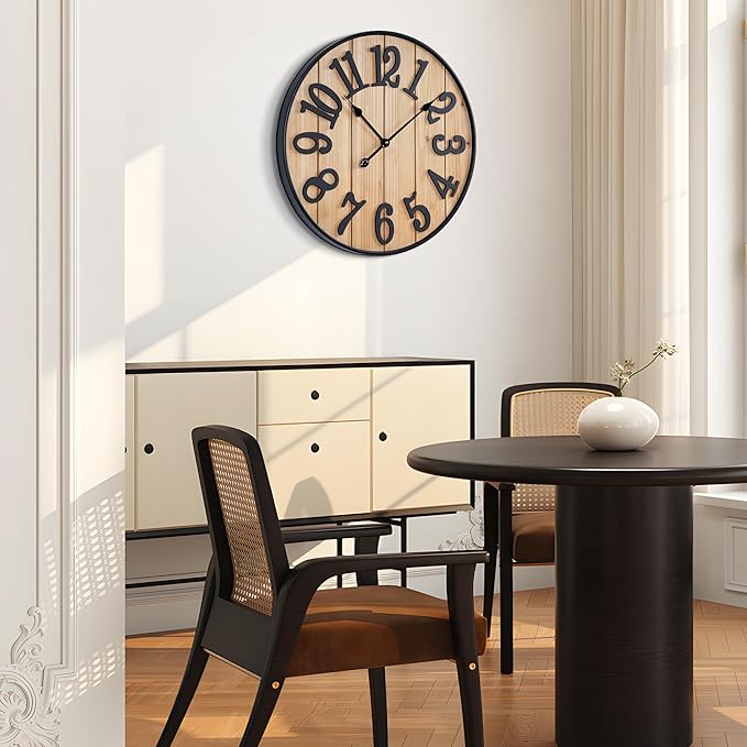 Large Wall Clock 16IN, Silent Metal Wood Style Wall Clocks Battery Operated for Living Room Decor, Farmhouse Big Wall Clock, Outdoor