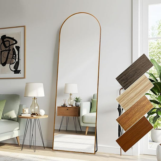 Arched 19x57 Inch Full Length Mirrors Aluminium Frame in Classic Yellowish Brown Wood Looking Free Standing Floor Mirror Full Body Wall Mounted for Bedroom Living Room and Hallway
