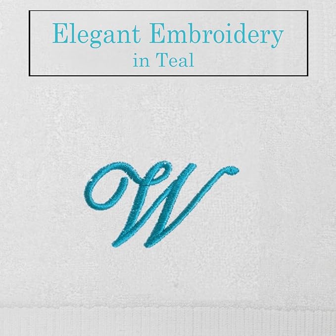 White Monogrammed Hand Towels for Bathroom - Luxury Hotel Quality Personalized Initial Embroidered Towel for Powder Room, Spa - GOTS Organic Certified - Set of 2 Teal Letter W