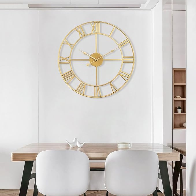 1st owned Large Wall Clock, Metal Retro Roman Numeral Clock, Modern Round Wall Clocks Almost Silent, Easy to Read for Living Room/Home/Kitchen/Bedroom/Office/School Decor (Gold, 18.5 Inch)
