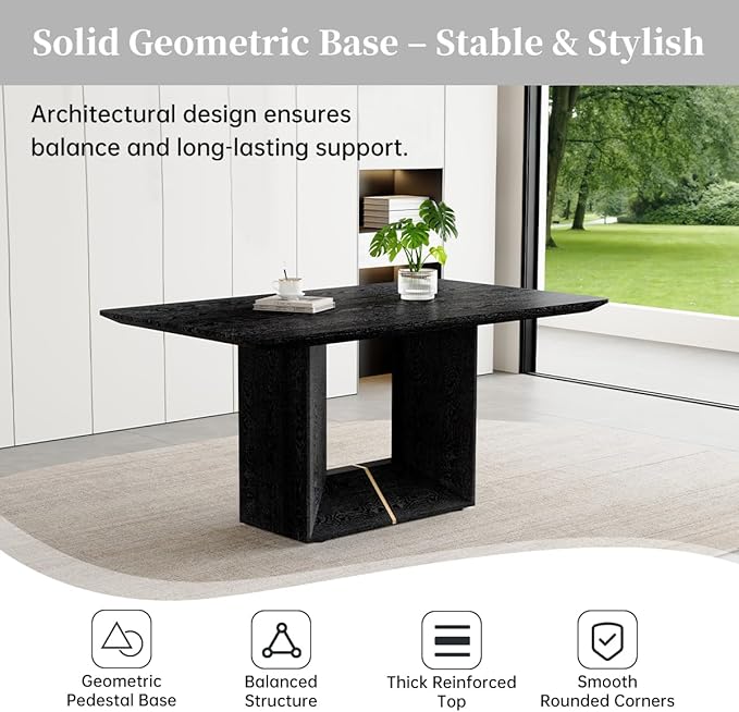 63" Modern Black Dining Table Set for 6 with Chairs, 7 Piece Rectangular Dining Room Table and 6 PU Leather Chairs, Kitchen Dining Set with Matte Wood Finish, Geometric Base, Easy Assembly
