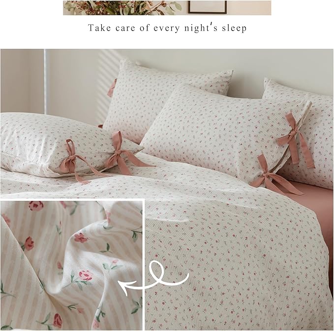 Floral Print Bedding Duvet Cover Twin XL Pink Flower Duvet Cover Cotton Floral Botanical Comforter Cover Girls Cottagecore Bedding Set Vintage Country Comforter Cover with 2 Bowknot Pillowcases