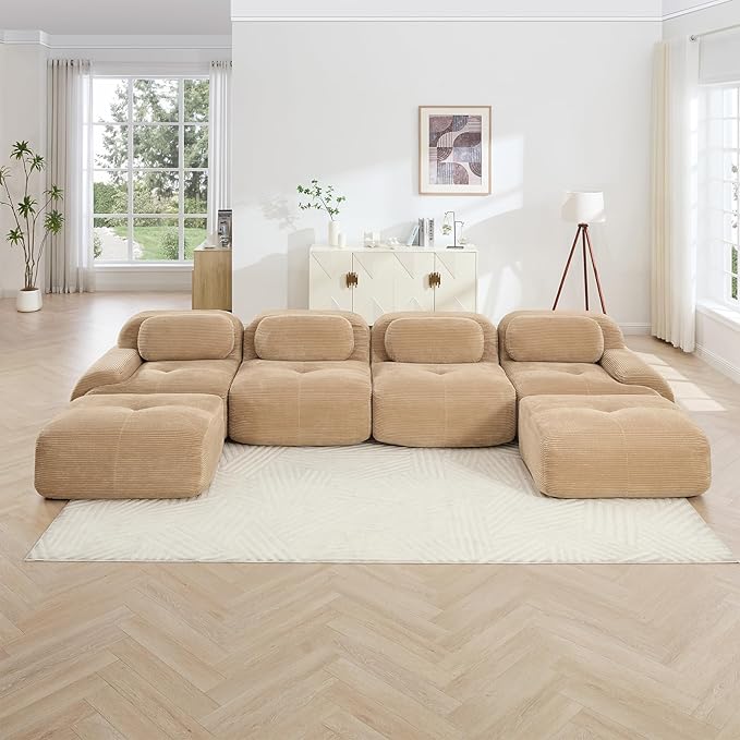 152" Modern Compressed Boneless Couch with Ottoman, 4 Seater Large U Shaped Sectional Couches for Living Room, Camel Corduroy Cloud Modular Sectional Sofa, Memory Foam, Extra Deep, No Assembly