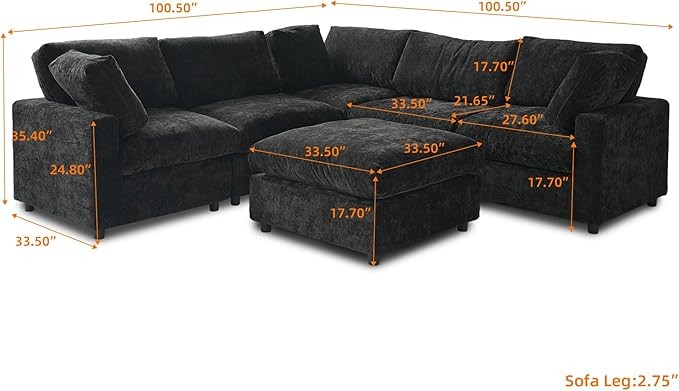 JACH V Shape Sectional Couches with Chaise Ottoman, Convertible Modular Sofa, Cloud Sectional Couch, Sofa Covers Washable, Minimalist Couch for Living Room, Apartment, Black