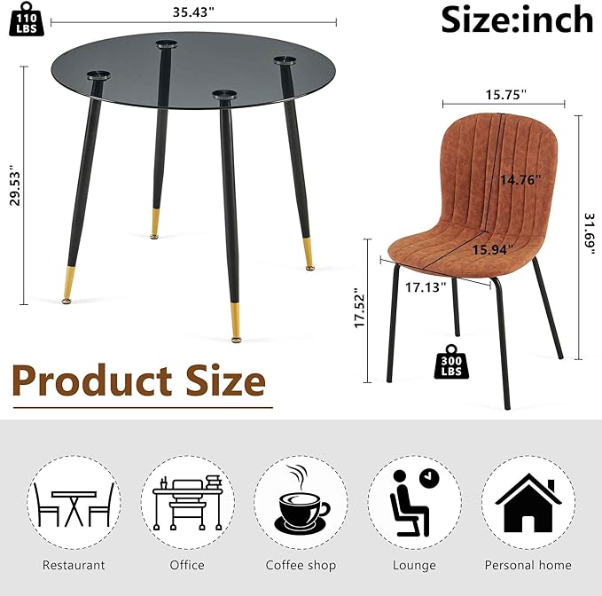 5-Pcs Round Dining Table Set for 4, 35.43" Round Kitchen Table Transparent with 4 Upholstered Home Chairs Space Saving Dining Chairs for Dining Room/Kitchen
