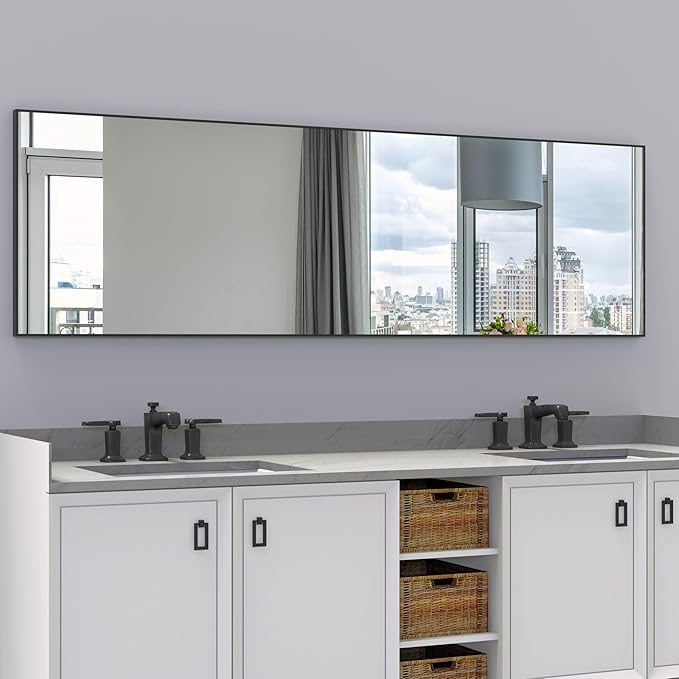 ANYHI Over The Door Mirror, 60"x18" Black Full Length Mirror with 2 Hooks, Door Hanging or Wall Mounted, Aluminum Frame, for Bedroom Bathroom
