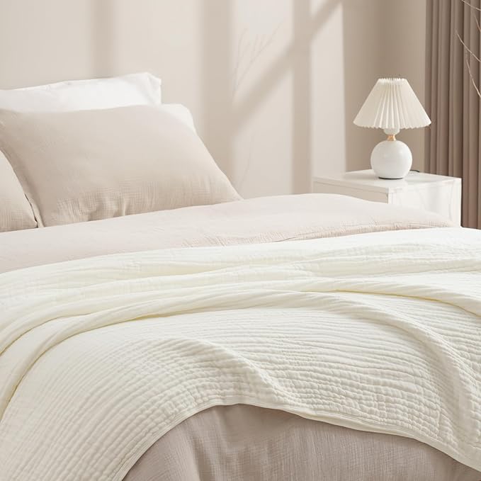 PHF Cooling Muslin Blanket Queen Size 90"x80", 6-Layer Lightweight Gauze Blanket Made from 35% Rayon Derived from Bamboo & 65% Cotton, Breathable & Ultra Soft Cozy, Aesthetic Home Decor, Snow White