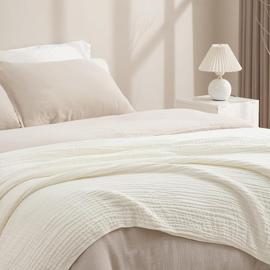 PHF Cooling Muslin Blanket Queen Size 90"x80", 6-Layer Lightweight Gauze Blanket Made from 35% Rayon Derived from Bamboo & 65% Cotton, Breathable & Ultra Soft Cozy, Aesthetic Home Decor, Snow White