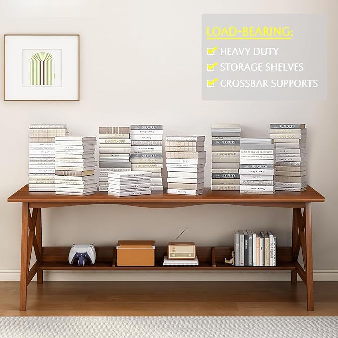 Extra Long Desk with Bookshelf - Wooden Home Office Work Study Table, Writing Computer Workstation with Storage Shelf in Wanut, 47" Wx16 Dx30 H