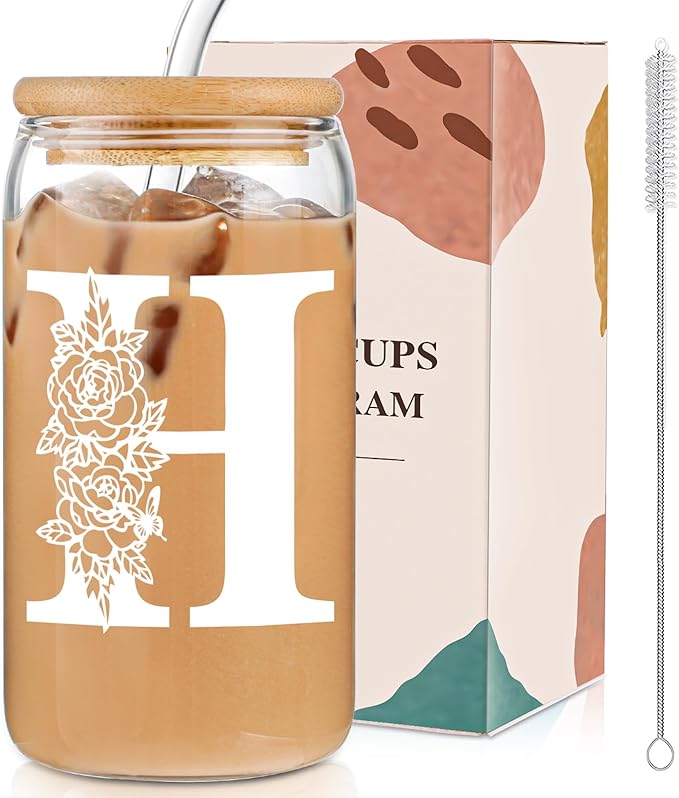 DWTS DANWEITESI Birthday Gifts for Women: Initial Glass Cup as Office Graduation Memorial Holiday Personalized Gifts - for Husband Aunt Uncle Teen Boy Employee Coworkers Him and Her - H Aesthetic Cup