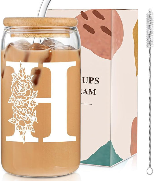 DWTS DANWEITESI Birthday Gifts for Women: Initial Glass Cup as Office Graduation Memorial Holiday Personalized Gifts - for Husband Aunt Uncle Teen Boy Employee Coworkers Him and Her - H Aesthetic Cup