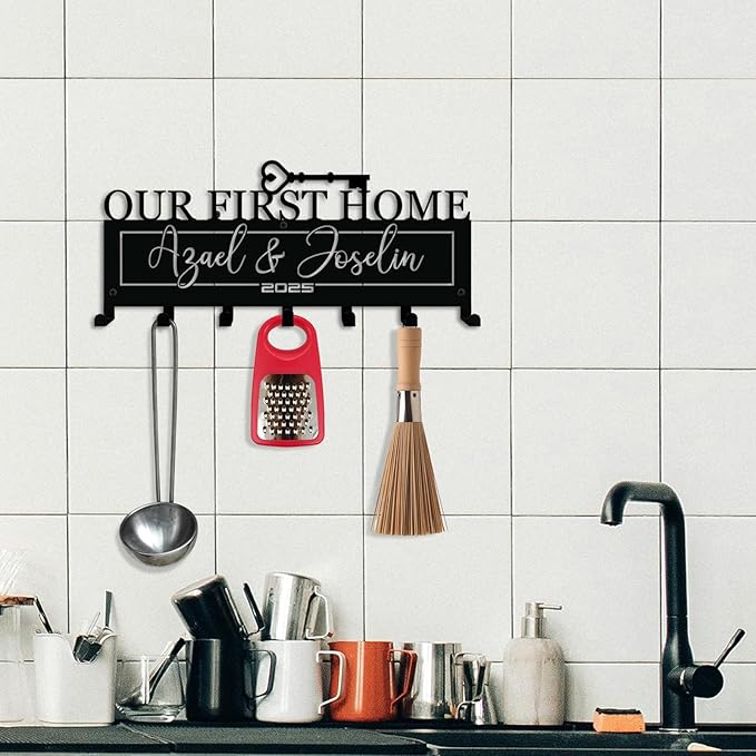 Personalized Metal Key Holder for Wall – Custom Our Frist Home Key Rack with Couples Name for Entryway, Front Door, Kitchen, Bathroom - Housewarming Gift
