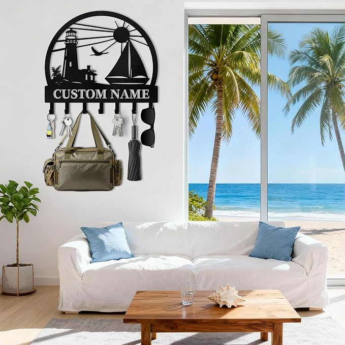 Personalised Beach Theme Key Holder for Wall, Tropical Style Key Holder Wall Mount, Decorative Key Rack Coat Hooks for Living Room Bathroom Kitchen Office Entryway, Home Decor Gifts