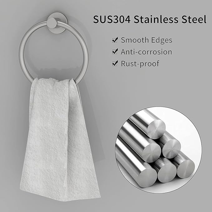 Brushed Nickel 2 Pack Towel Ring, Hand Towel Holder for Bathroom Kitchen Modern Rounded Base Wall Mount SUS304 Stainless Steel