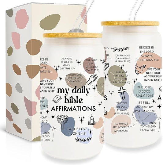 Christian Gifts for Women Birthday, Inspirational Religious Gifts, 16 Oz Can Glass Cups With Lid Straw for Friends with Bible Verse, Religious Gifts, Spiritual Gifts for Her Female Coworker