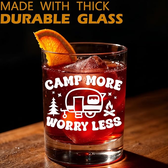 Camping Lovers Gifts Old Fashioned Whiskey Glasses, Camper Gifts for Rv Owner, Camp More Worry Less 10 oz Rocks Barware Cup for Cocktail Drinks Scotch Bourbon Liquor