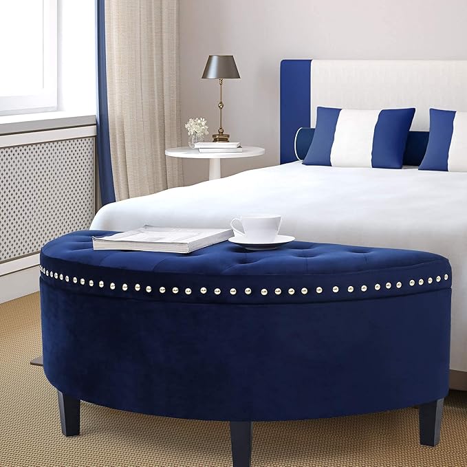 Homebeez 43.5" Half Moon Storage Ottoman Bench, Lift Top Velvet Storage Ottoman Bench for Bedroom Living Room (Navy Blue)