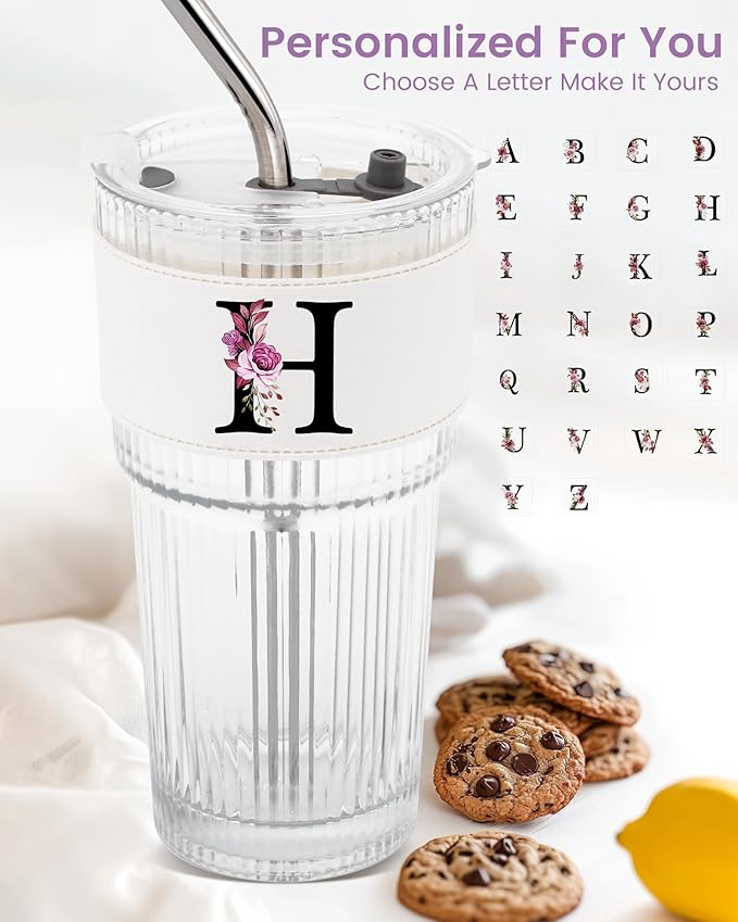 Initial Glass Straw Cup with Lid Ribbed Ice Tea Coffee Matcha Latte Tumbler Women Her Sister Girlfriend Gf Aunt Best Friend Friendship Bestie Wife Cute Birthday Asthetic Unique Personalized Gift H